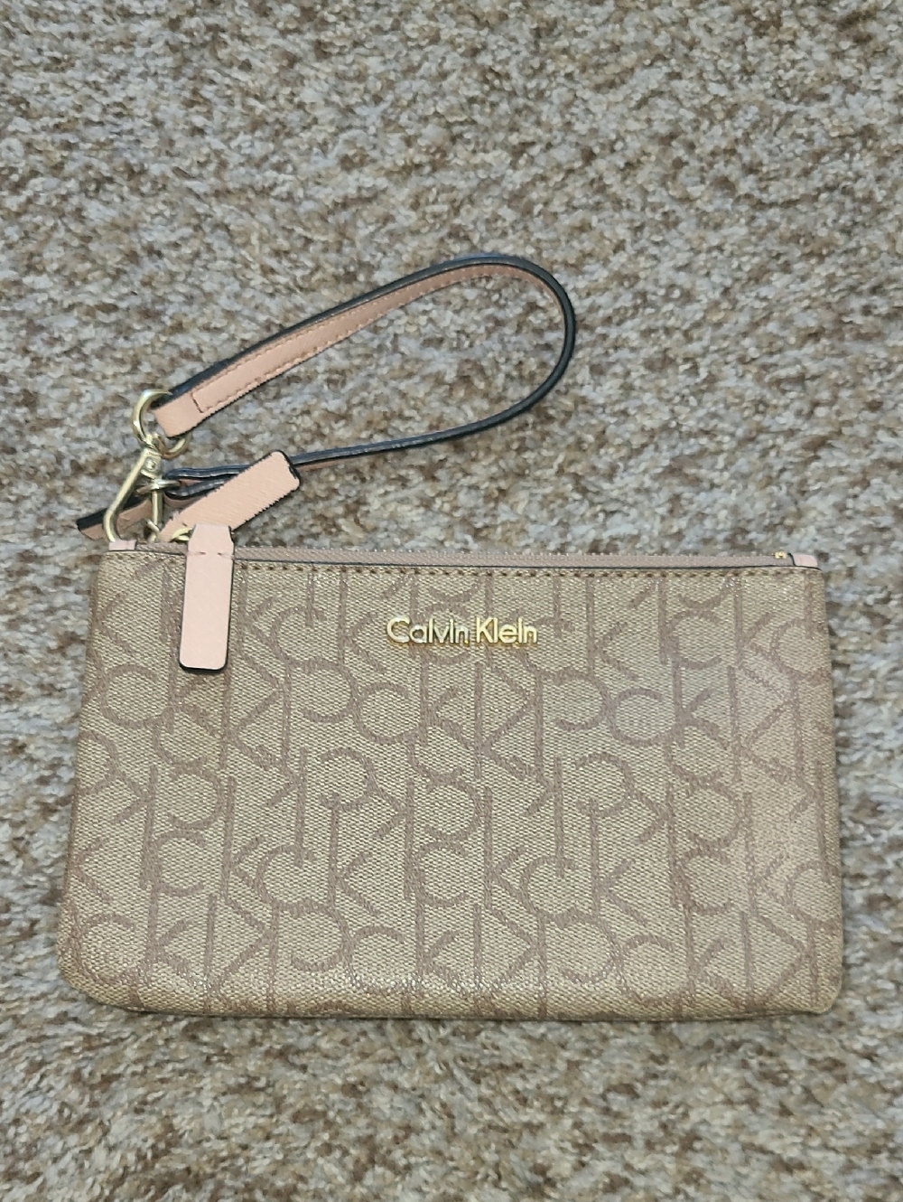 Calvin Klein Tan Logo Wristlet Clutch with Pink Strap Accents